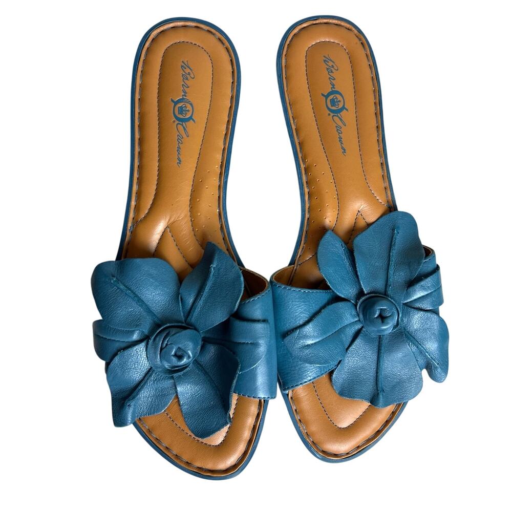 Born Crown Womens 10 Blue Leather Floral Flat Slip-On Sandal Designer Luxe